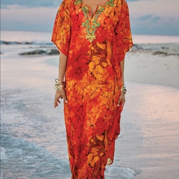 Soft Surroundings Other - 🚫SOLD🚫Soft Surroundings Orange Sheer Beaded Caftan or Swim Cover PL/PXL